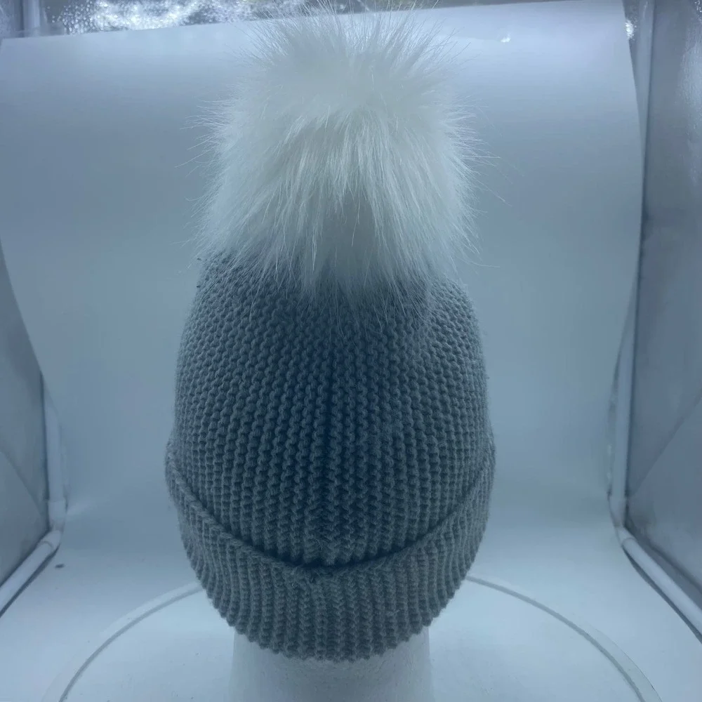 Forever 21 Grey Knit Beanie Hat with White Faux Fur Pom‎ Pom Cuffed Winter Cap
